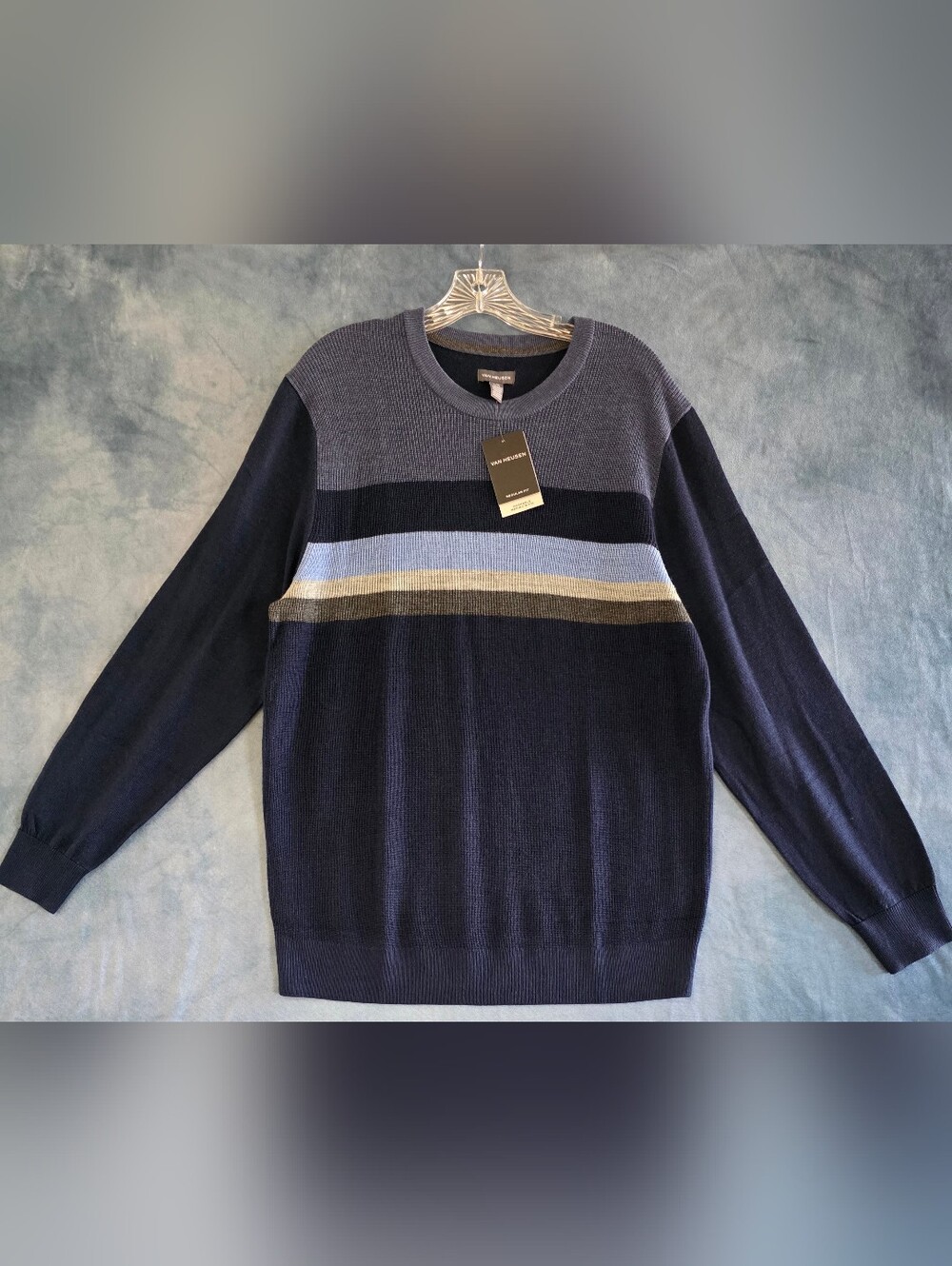 Van Heusen Crew Neck Sweater Mens Large Merino Wool Blend  Blue Gray New! NWT